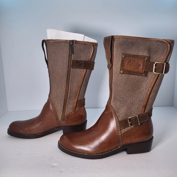 Harley Davidson Womens Size 6 Heatherton Biker Boots Black Leather/Canvas Zip - Picture 14 of 15